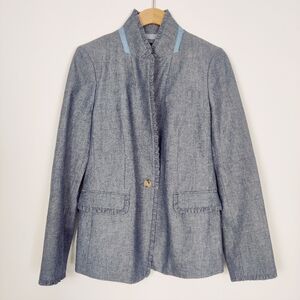 J. Crew Chambray Regent Blazer Size 12 Ruffle Trim 100% Cotton Business Casual